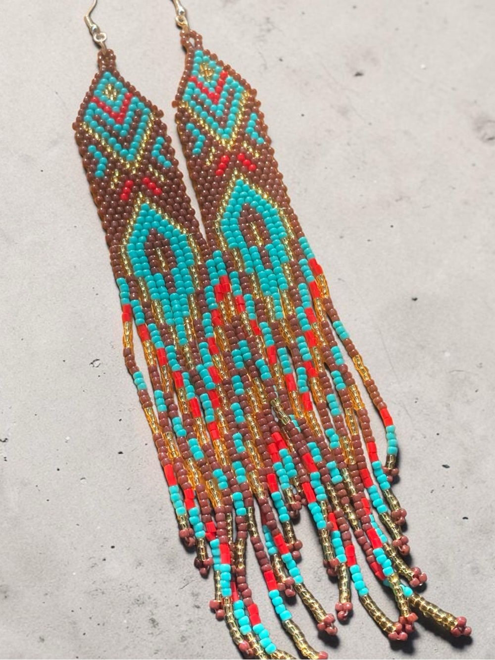 Handmade Beaded Fringe Earrings in Turquoise, Brown & Gold 7”